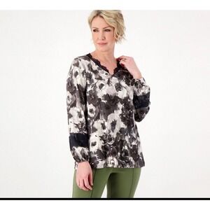 Isaac Mizrahi Live Gray Floral Lace Trim V-Neck Blouse XXS
